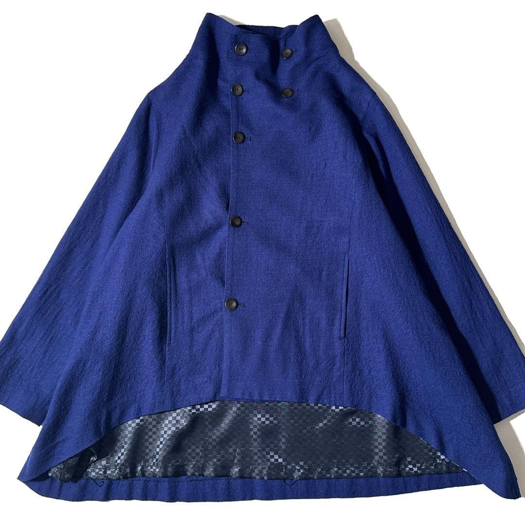 近年 センソユニコ　i+mu ウール 変形 ジャケット コート 羽織り ブルー センソユニコ Sensounico 慈雨 ジウ ウール切替 ショールカラーロング